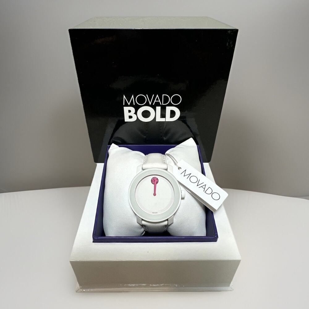 Movado Women's Bold Pink Crystal Dial White Leather Watch - 360176 ($450MSRP)